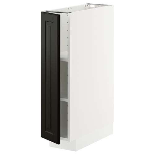 A white METOD kitchen cabinet with a black bodbyn door featuring beveled edges. It includes a shelf inside, designed with a sleek and modern look.