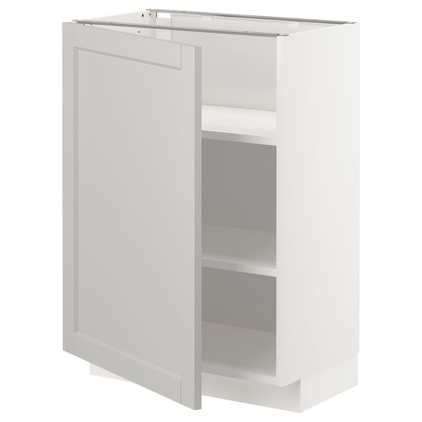 White METOD kitchen cabinet with bevelled light grey lerhyttan doors, solid birch frame, adjustable shelves.
