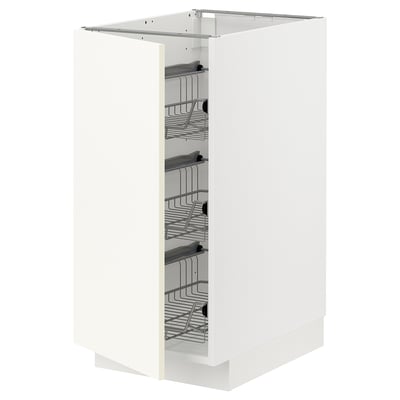 White METOD kitchen cabinet with wire racks.