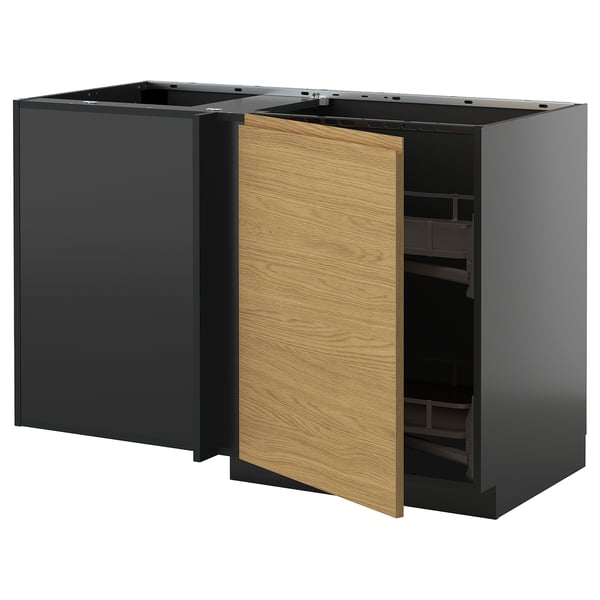 A modern kitchen cabinet set, featuring dark colored units with wooden doors. It includes a corner unit with pull-out shelves for efficient storage.