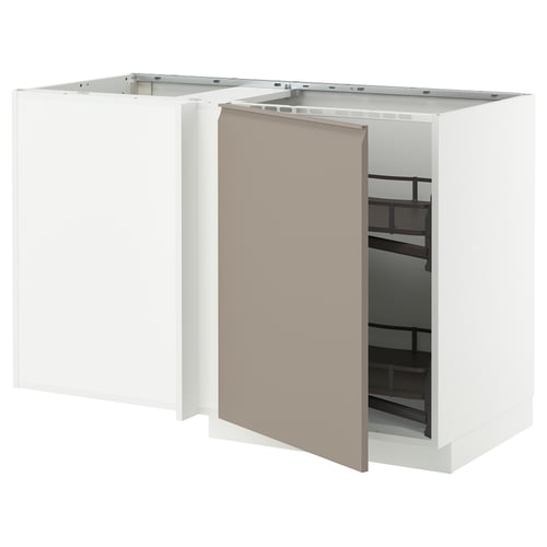 Modern open storage kitchen unit METOD, grey-beige, white framed box with pull-out shelves.