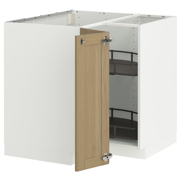 METOD kitchen unit with oak veneer door, white cabinet, square shape, simple design.