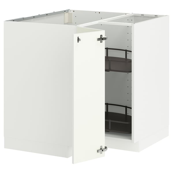 White METOD corner kitchen cabinet with pull-out shelves.