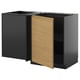 A modern kitchen corner unit with sleek black and wooden finishes, featuring a minimalist design with integrated handles.