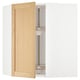 Open wooden cabinet, light oak with glass shelves.