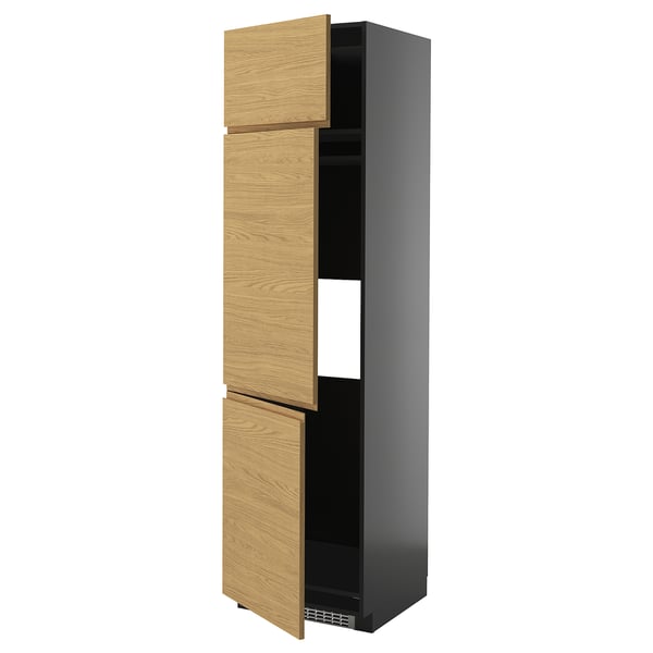 Modern kitchen cabinet with oak doors and black frame.