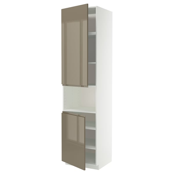 A white and dark grey-brown tall kitchen cabinet with high gloss doors and shelves.