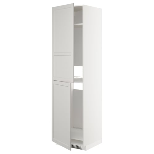 White METOD tall cabinet with two adjustable shelves, bevelled edges, solid birch frame, and birch veneer doors.