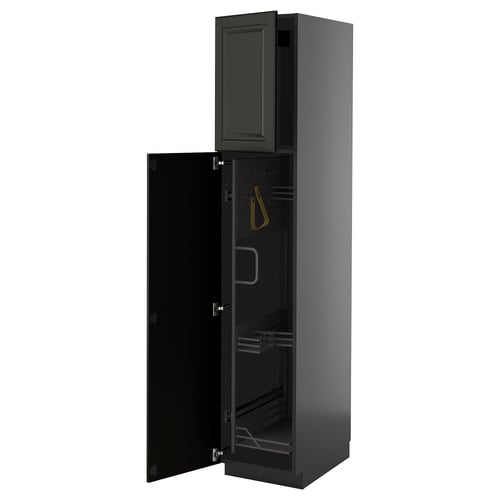 Tall black kitchen cabinet with one open door, metallic hinges, and inner shelves.