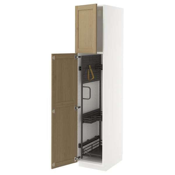 METOD tall white cabinet with oak door open, inner shelves and hooks.