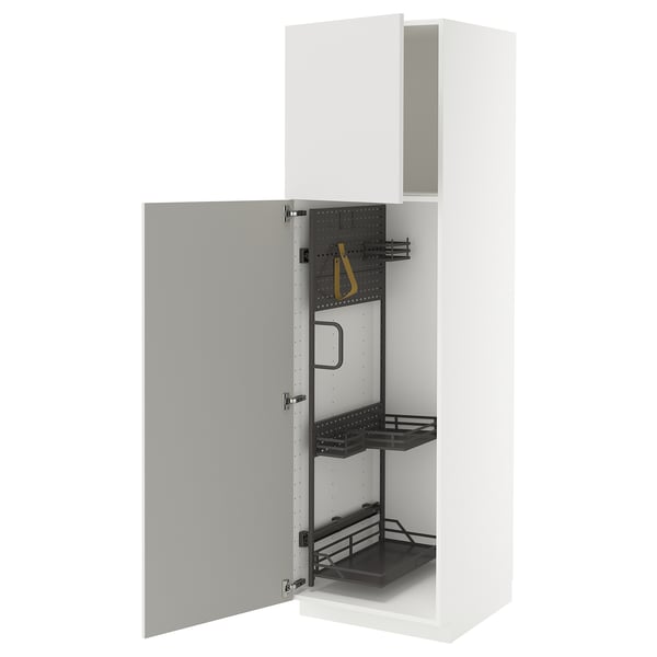 A white METOD kitchen cabinet with a grey door and black interior storage organizers.
