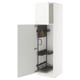 White METOD kitchen cabinet, open with shelves and hanging strap.