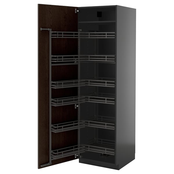 Dark brown kitchen cabinet, with sliding shelves, wooden edges, metal handles, three shelves, tall, sleek design.