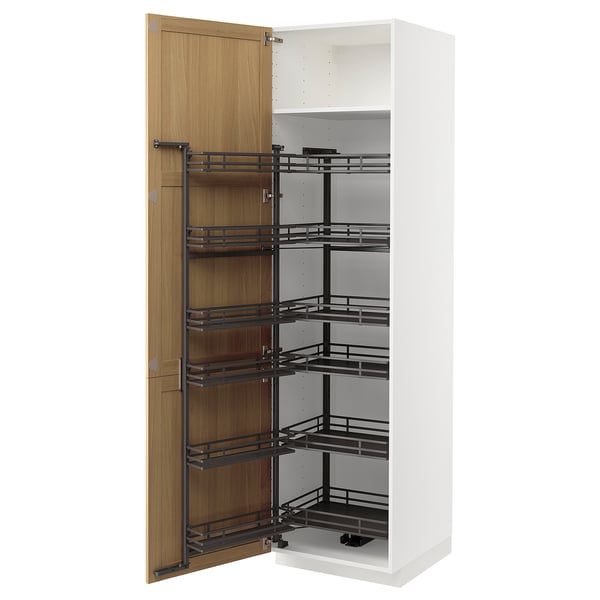 An open white METOD kitchen cabinet with oak wood pulls, featuring black pull-out shelves.