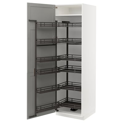 A white METOD kitchen cabinet with light grey lerhyttan doors, featuring a pull-out larder.