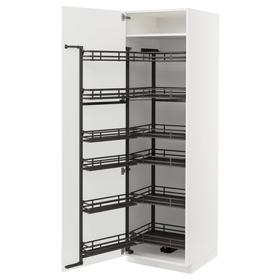 White kitchen cabinet with black pull-out shelves. Modern, spacious, easy-clean design.