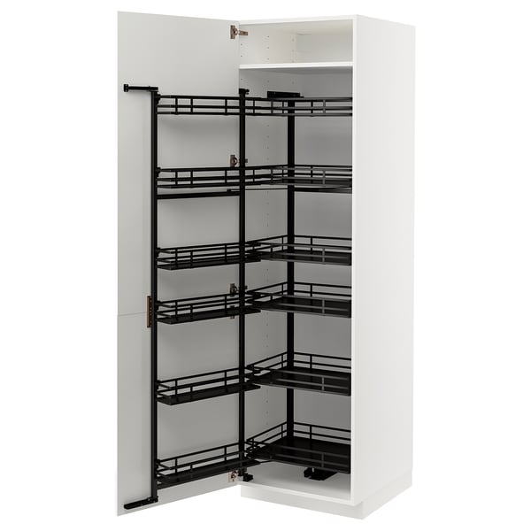 A white METOD cabinet with black pull-out shelves.