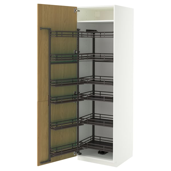METOD, white cabinet, glass door, oak veneer frame, five black pull-out shelves.