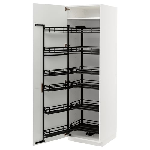White METOD kitchen cabinet with black pull-out shelves.