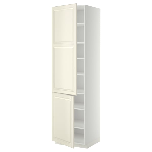 A tall, white METOD kitchen cabinet with off-white doors, featuring bevelled edges, and multiple adjustable shelves.