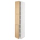 Open white tall cabinet with light wood doors revealing shelves.