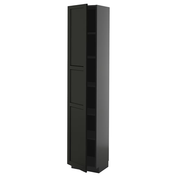 A tall black kitchen cabinet with adjustable shelves and reversible doors.