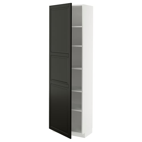 White METOD cabinet with black door, three shelves.