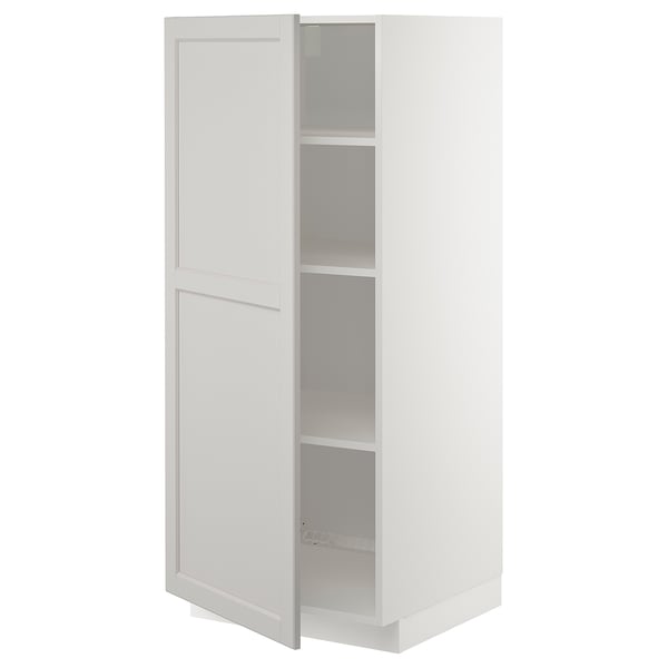 Open METOD kitchen cabinet with adjustable shelves and light grey fronts.