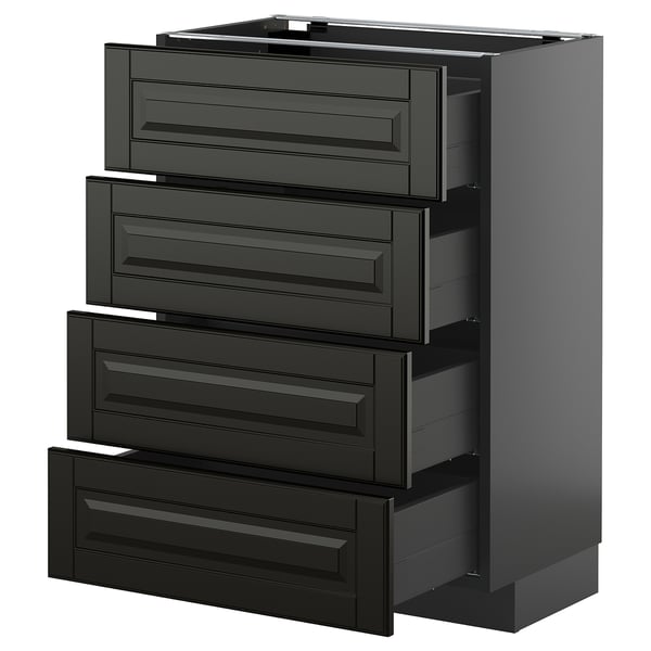 Modern black kitchen drawers with bevelled edges, sleek design, glossy finish.