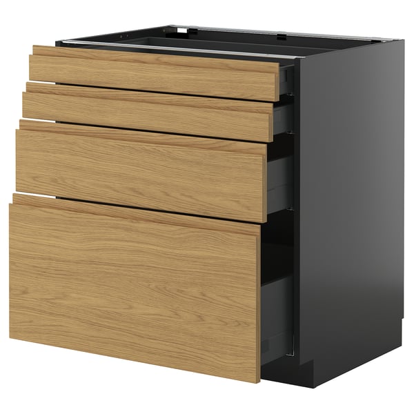 Black and wood kitchen cabinet with multiple drawers.
