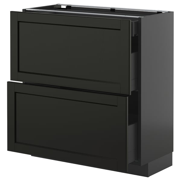 Black METOD kitchen storage unit with drawers. Modern, sleek, rectangular, beveled edges, solid & fiberboard construction.
