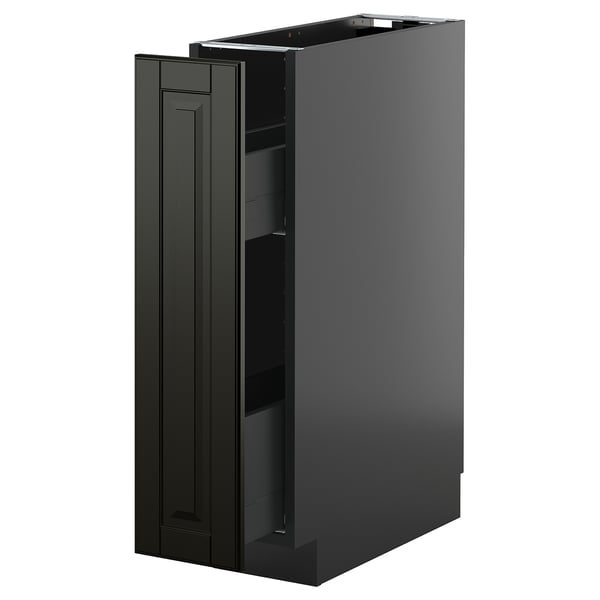 Black METOD kitchen cabinet with smooth finish, featuring a pull-out drawer for easy access. Rectangle shape, modern design with beveled edges.