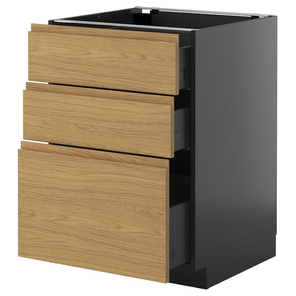 Modern kitchen cabinet, dark grey and oak, with three drawers.