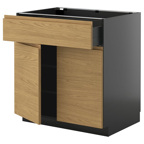 Modern kitchen unit: METOD with oak-wood finish & grey sides, shelves and drawers.