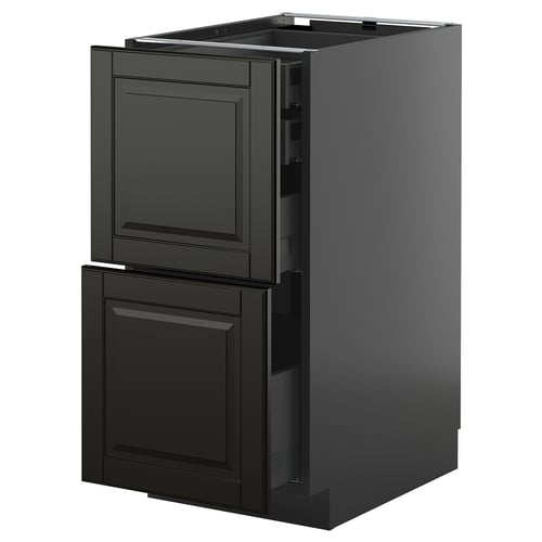 Black METOD kitchen cabinet with two bevelled drawer fronts and a pull-out drawer, sleek and modern design.