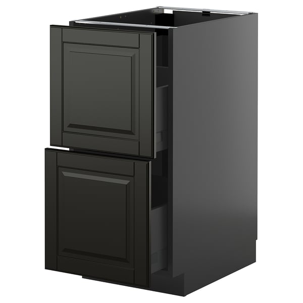 A black METOD kitchen cabinet with two drawers and a door, featuring sleek bevelled edges and a modern design.