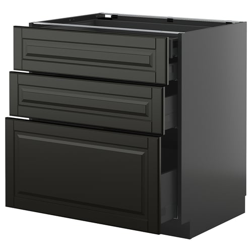This image displays a black METOD kitchen cabinet with three drawers and a single door, featuring modern design with bevelled edges.