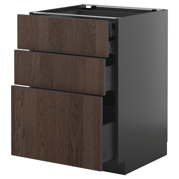 Modern kitchen unit with dark brown wood drawers and sleek edges.