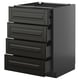 Modern black kitchen cabinet with five open drawers, sleek design, metallic finish.
