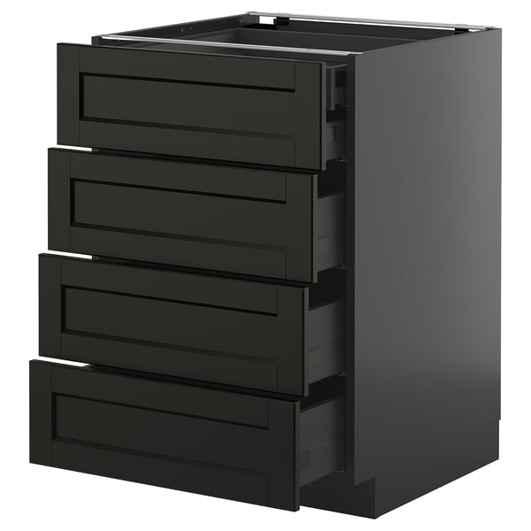 Modern black kitchen cabinet with four fully extendable dark wood drawers featuring sleek, bevelled edges for a classic yet contemporary look.