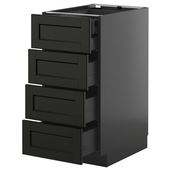 Modern black kitchen unit with four open drawers, sleek handles, dark wood finish, rectangular shape.