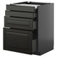METOD kitchen unit in black with bevelled edges, three drawers, and one cabinet.
