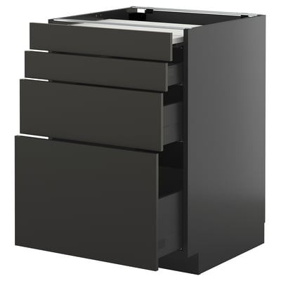 Modern black METOD kitchen unit with four smooth, pull-out drawers.
