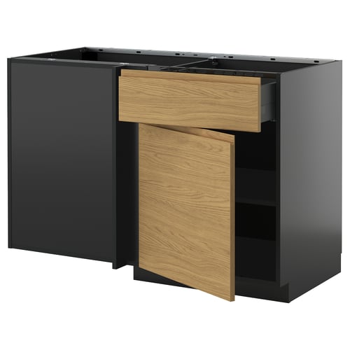 Modern grey and oak kitchen unit with drawer and open shelf.