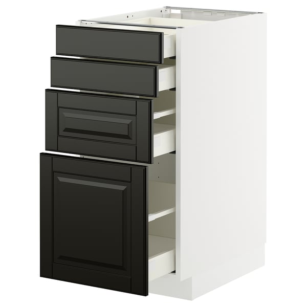 A METOD kitchen unit with dark grey bevelled bodbyn drawers and doors, featuring three drawers and one cabinet, set against a white frame.