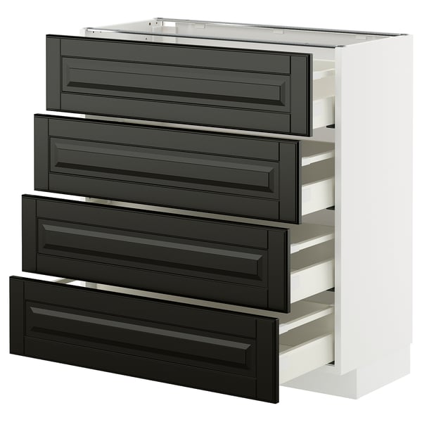 Black bevelled drawer fronts on white METOD kitchen cabinet.
