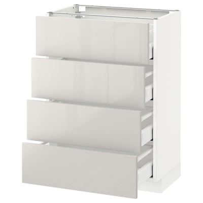 A glossy white ikea METOD kitchen unit with four drawers.