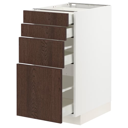 METOD kitchen unit: white with dark brown wood drawers, four large drawers, modern design.