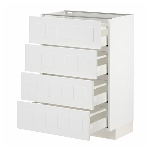 METOD kitchen unit in white with four open drawers, rectangular shape, modern design.