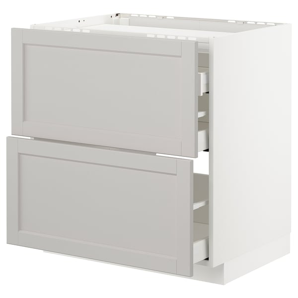 White METOD kitchen cabinet with grey lerhyttan drawers, bevelled edges, self-closing drawers.